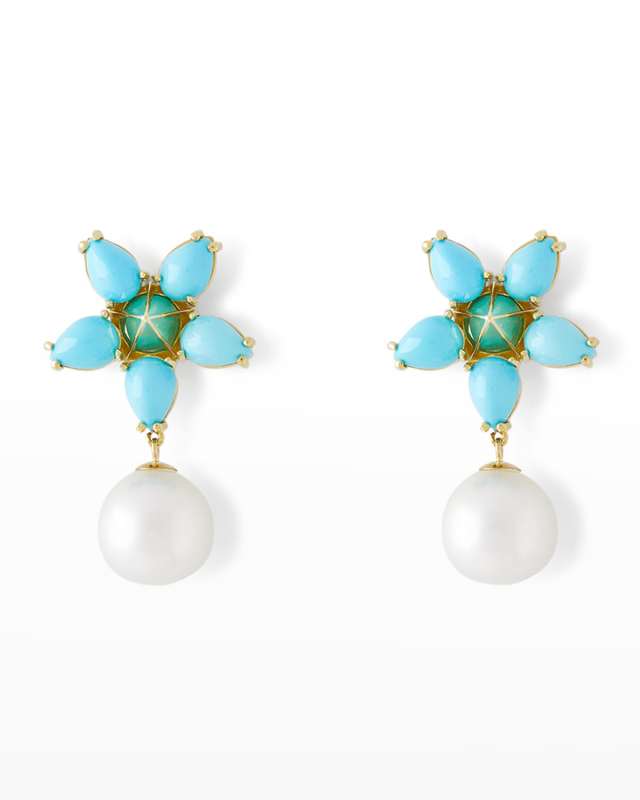 18K Yellow Gold Oval and Pear Turquoise Flower with 11mm Pearl Drop Earrings