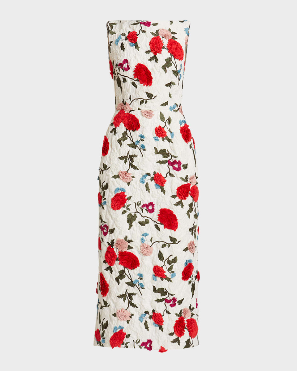 Boat-Neck Floral Embroidered Midi Dress