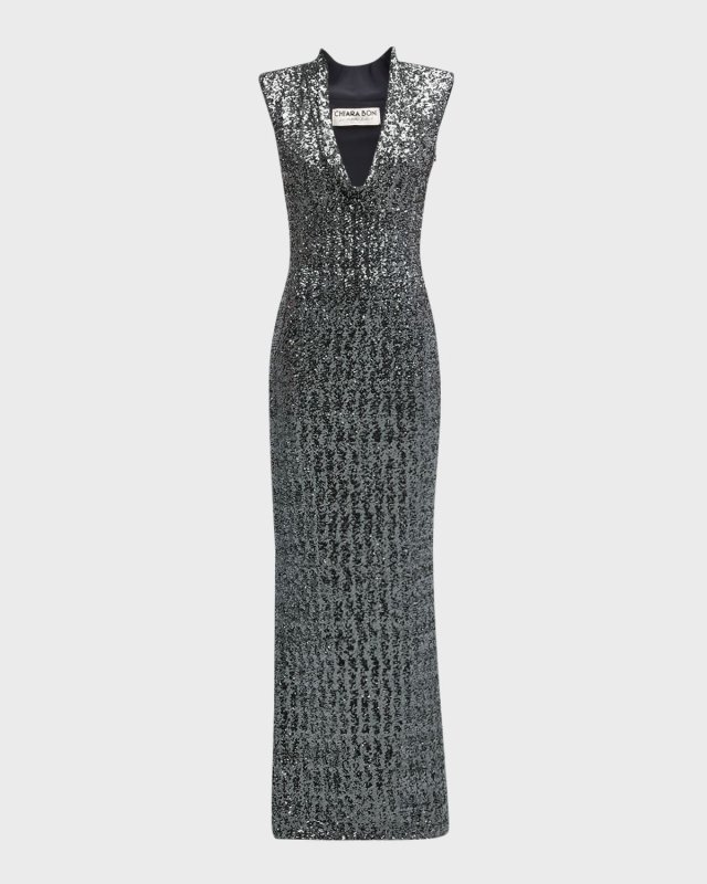 Cowl-Neck Sequin Column Gown
