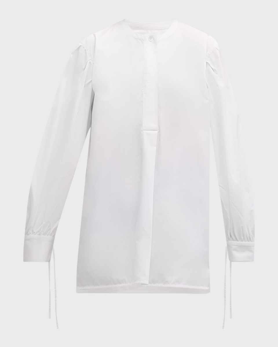 Tie-Cuff Long-Sleeve Oversized Cotton Shirt