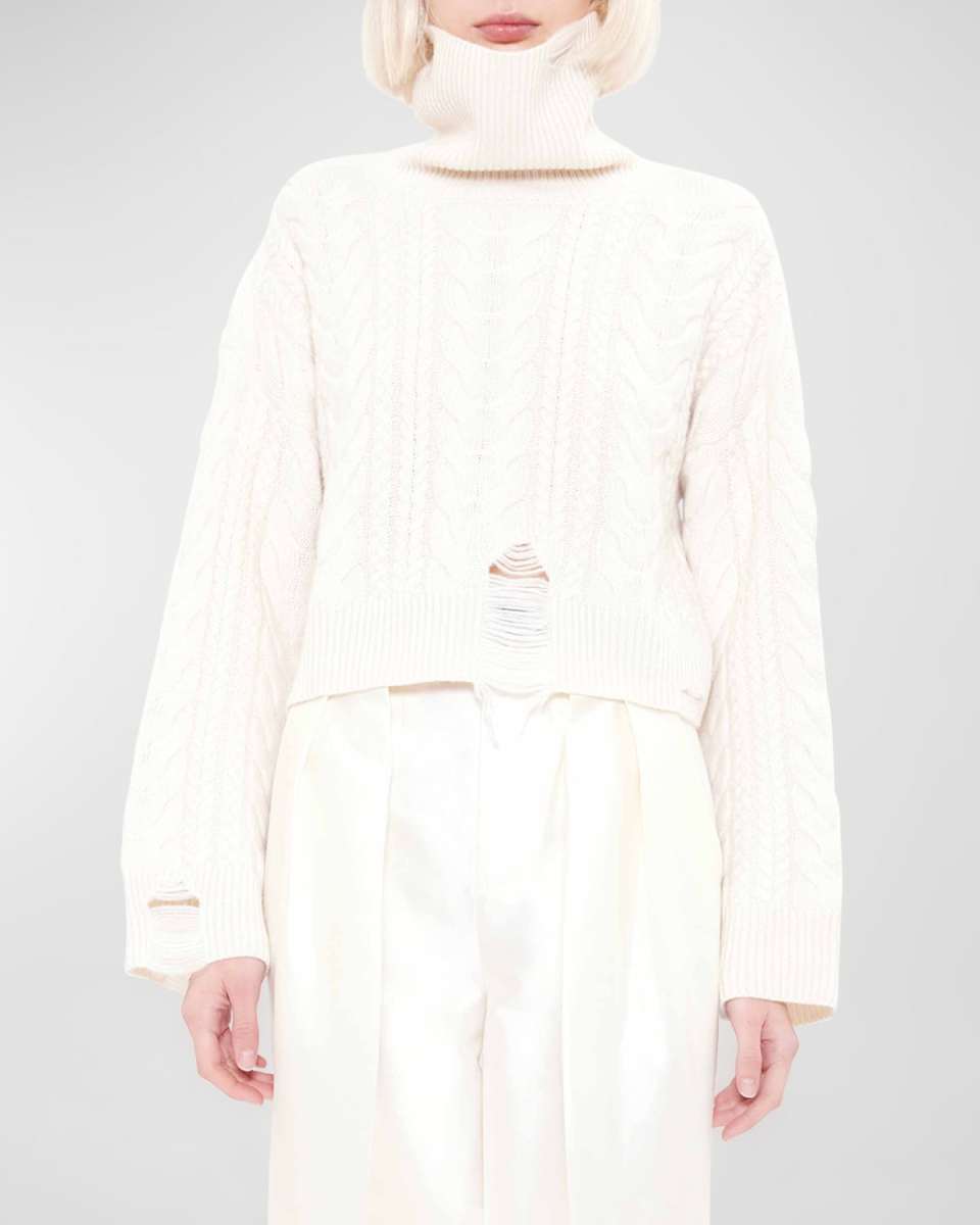 Hermione Cashmere Distressed Cable-Knit Sweat