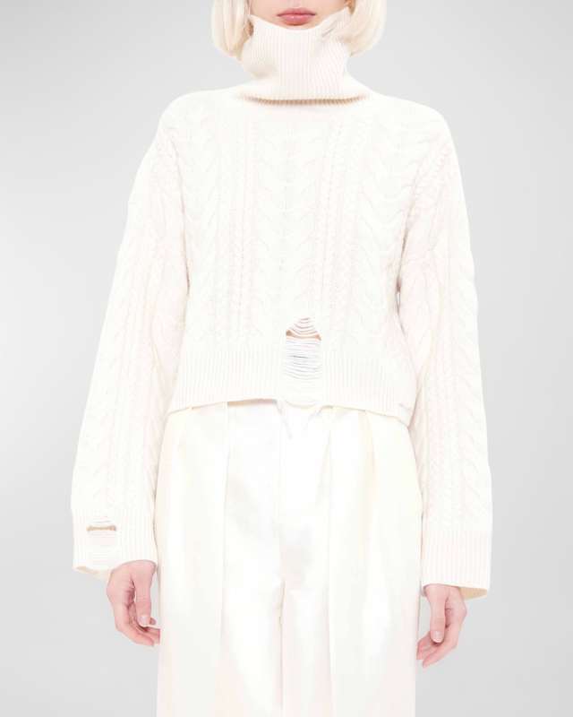 Hermione Cashmere Distressed Cable-Knit Sweat