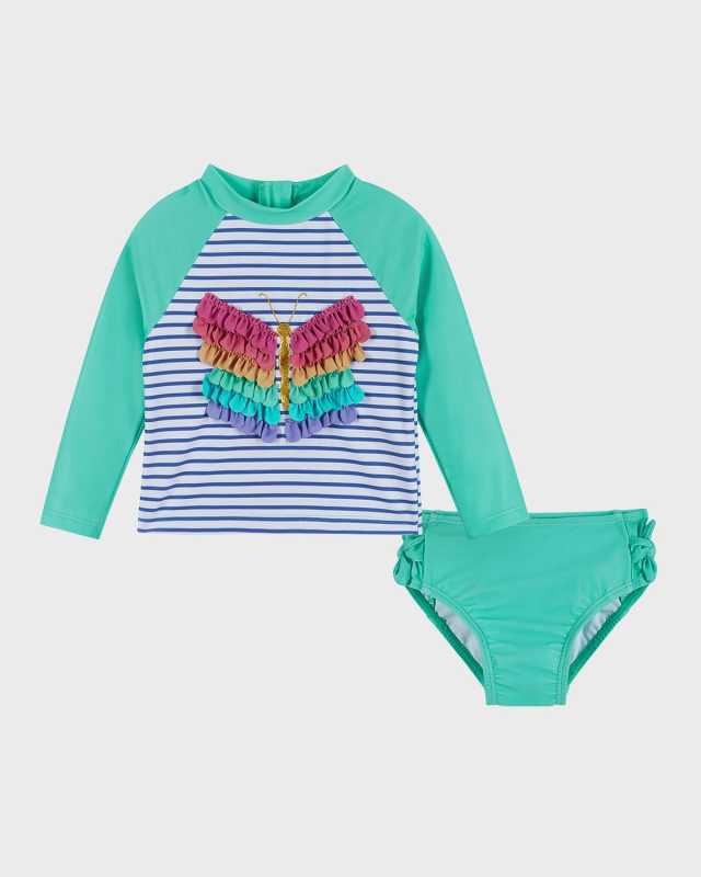 Girl's 3D Butterfly Striped Rashguard & Bottoms, Size Newbor