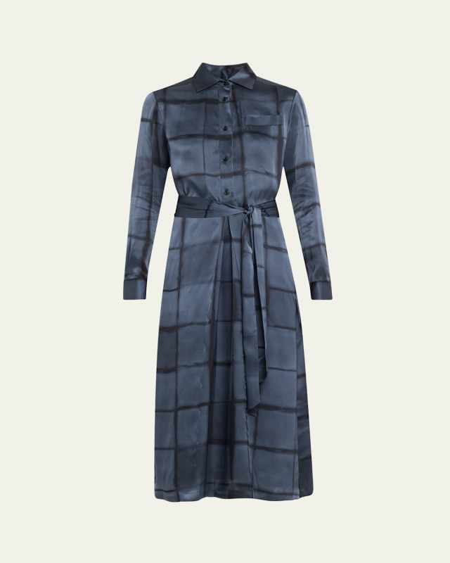 Printed Self-Tie Pleated Midi Silk Dress