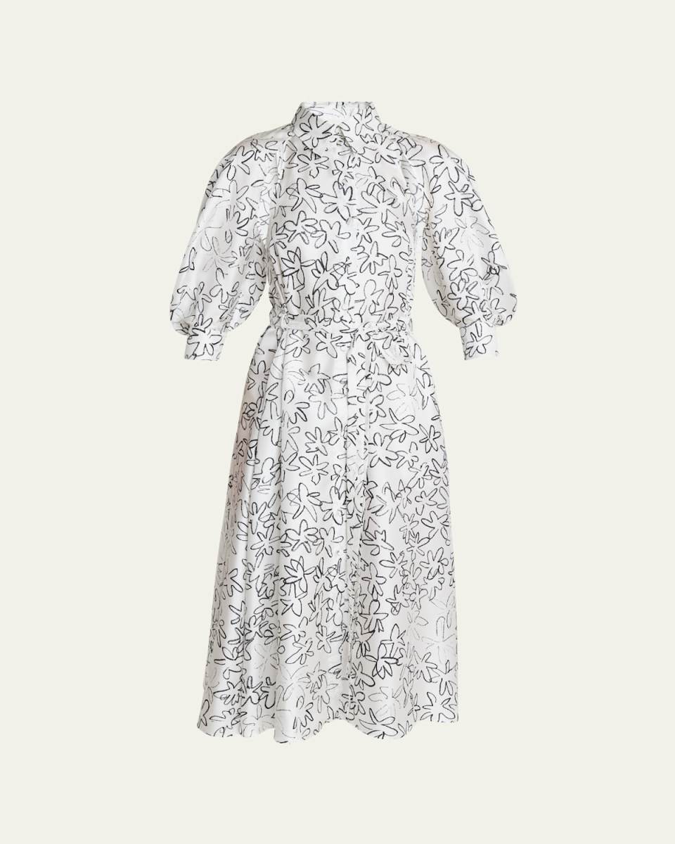 Floral-Print Cutout Midi Silk Shirt Dress