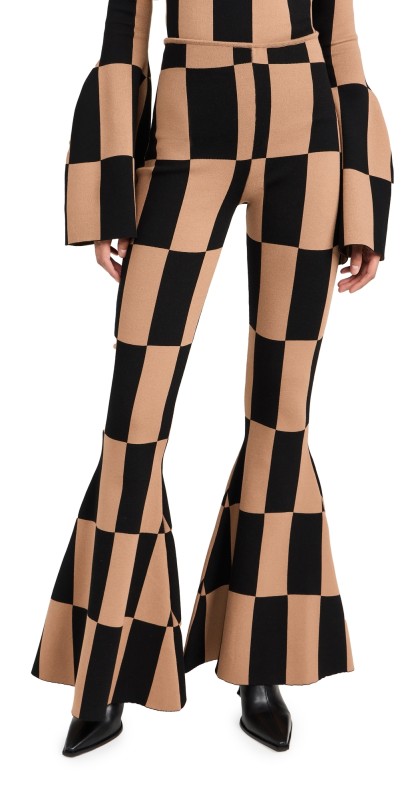 A. W.A. K.E. MODE Knit Flared Check Pants Brown/Black