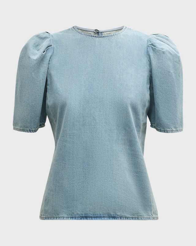 Denim Draped-Sleeve Blous