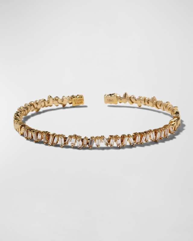 18k Yellow Gold Flexible Bangle with Diamond Baguettes, Size M