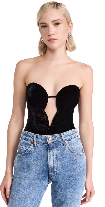 BARDOT Eleni Velour Thong Bodysuit Black