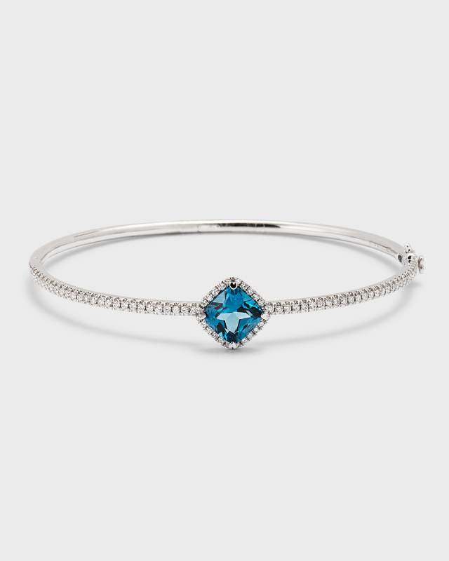 Rocks 18K White Gold Petite Cushion Cut London Blue Topaz and Diamond Halo Bangle Bracelet