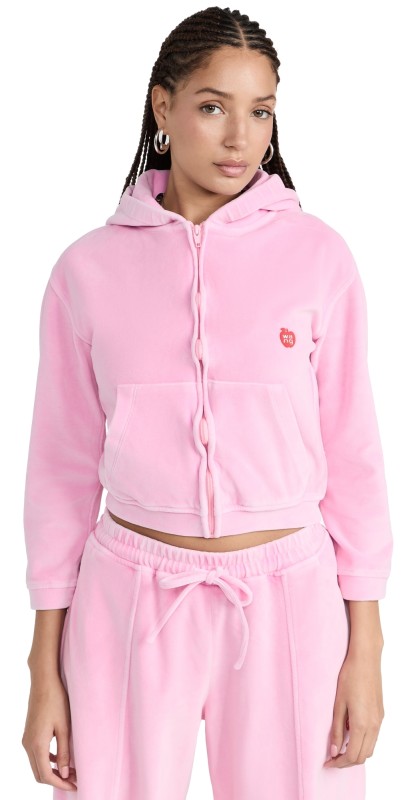 Alexander Wang Shrunken Zip Up Hoodie with Apple Logo Washed Candy Pink