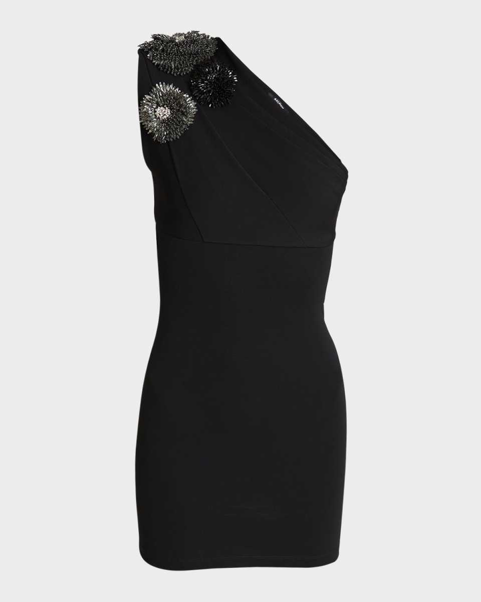 Crystal Flower Embroidered One-Shoulder Mini Dress