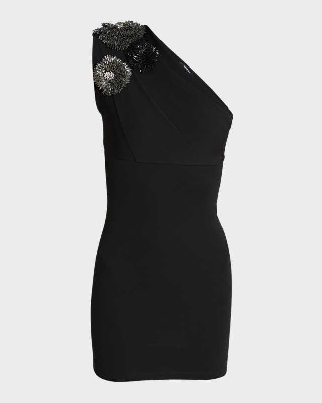 Crystal Flower Embroidered One-Shoulder Mini Dress