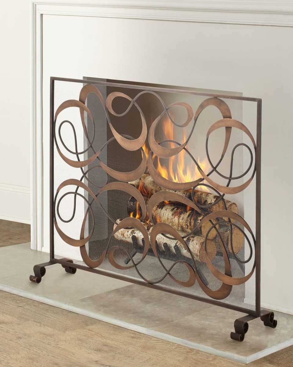 Dark Gold and Brown Iron and Tole Swirl Single Panel Fire Screen with Mesh Backing