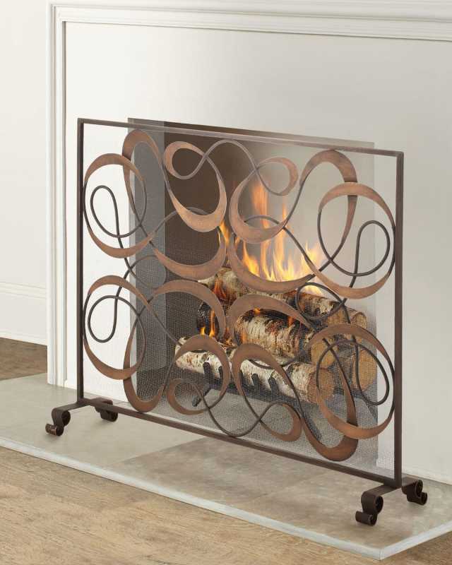 Dark Gold and Brown Iron and Tole Swirl Single Panel Fire Screen with Mesh Backing