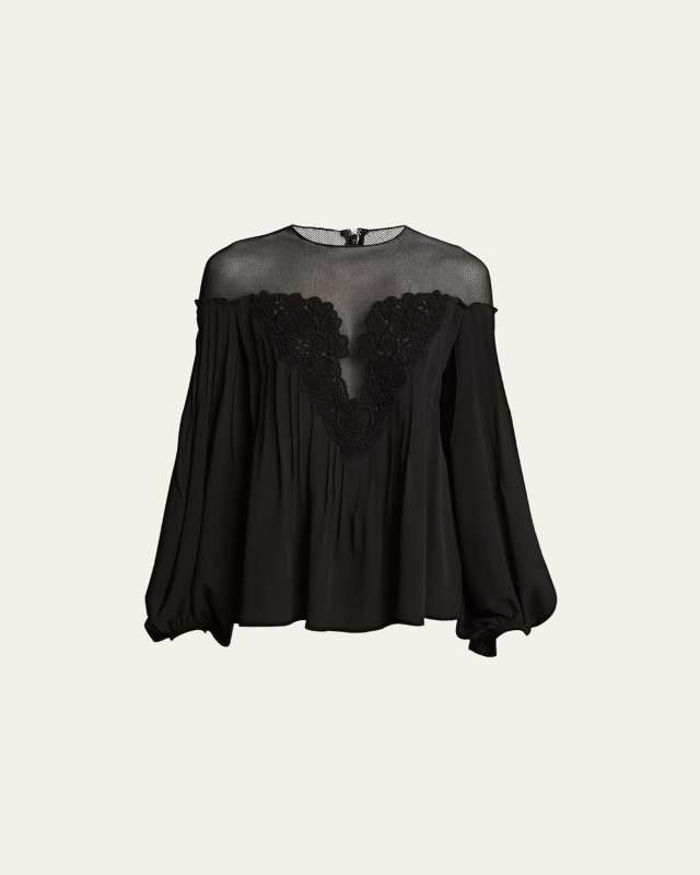 Illusion Silk Top with Lace Detail