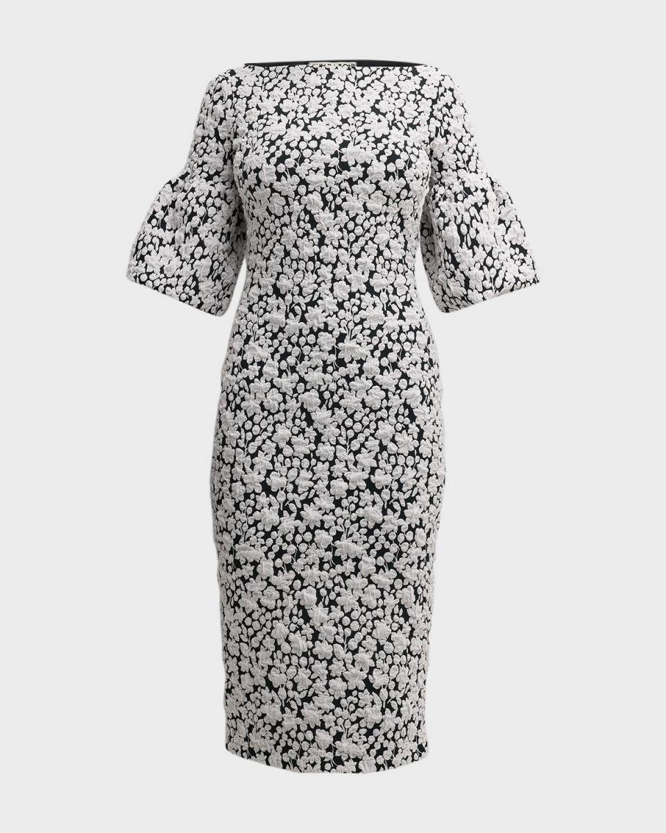 Puff-Sleeve Floral Jacquard Bodycon Midi Dress