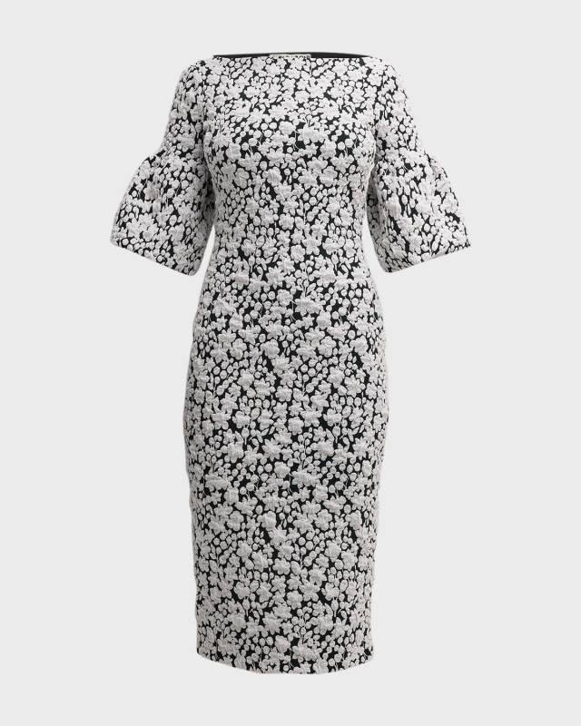 Puff-Sleeve Floral Jacquard Bodycon Midi Dress