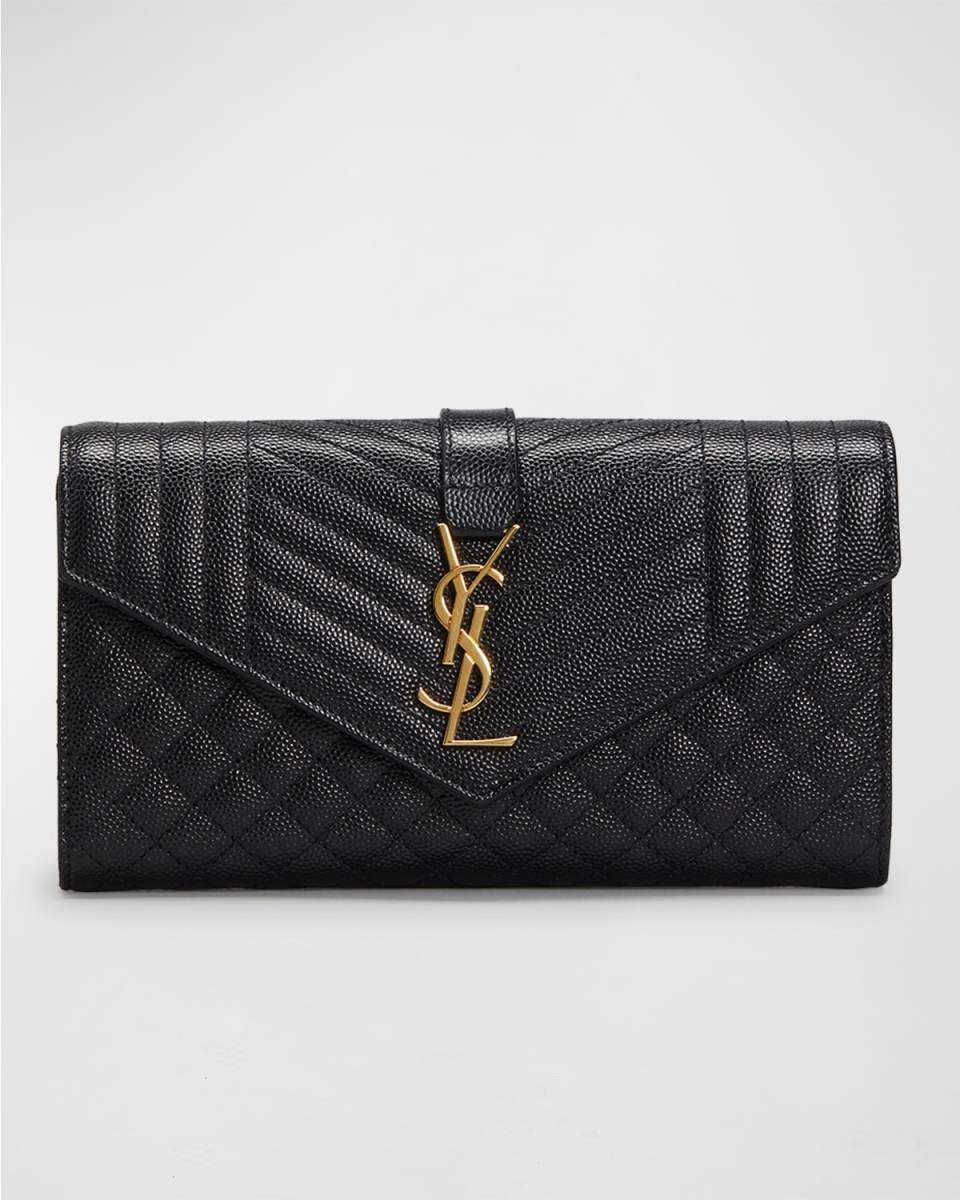 YSL Monogram Triquilt Large YSL Flap Wallet in Grained Leather