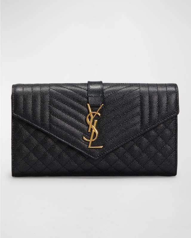 YSL Monogram Triquilt Large YSL Flap Wallet in Grained Leather