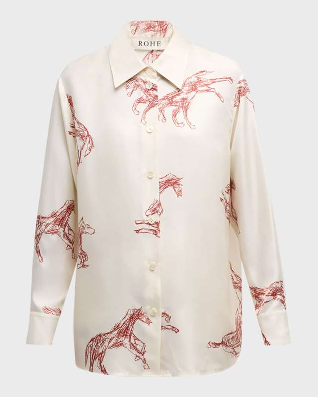 Long-Sleeve Silk Ballpoint Horse Shirt