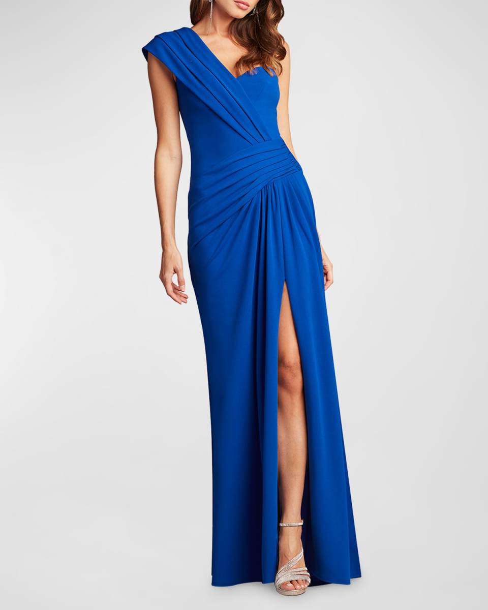 Pleated One-Shoulder Crepe Column Gown