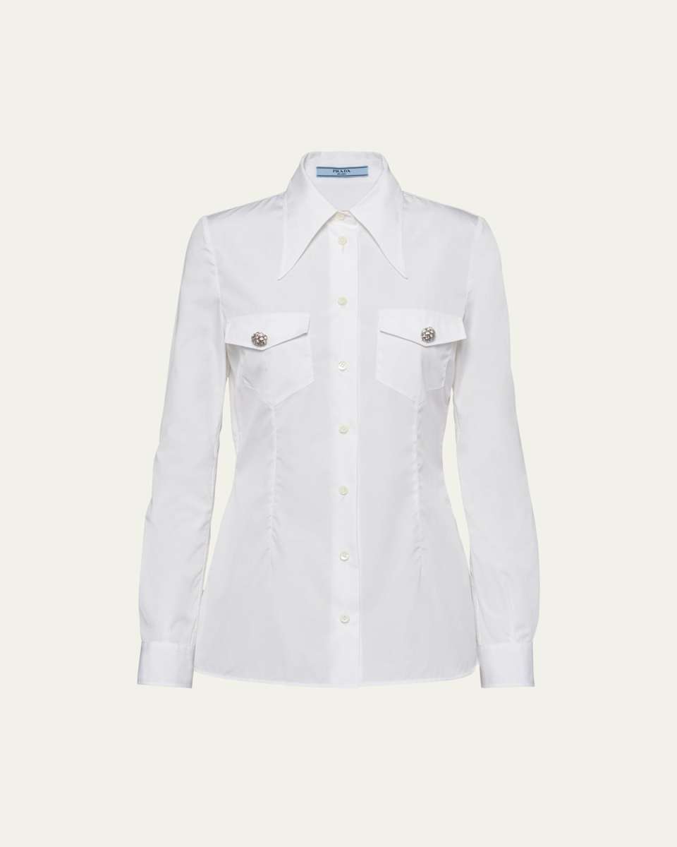 Poplin Long-Sleeve Top with Crystal Buttons