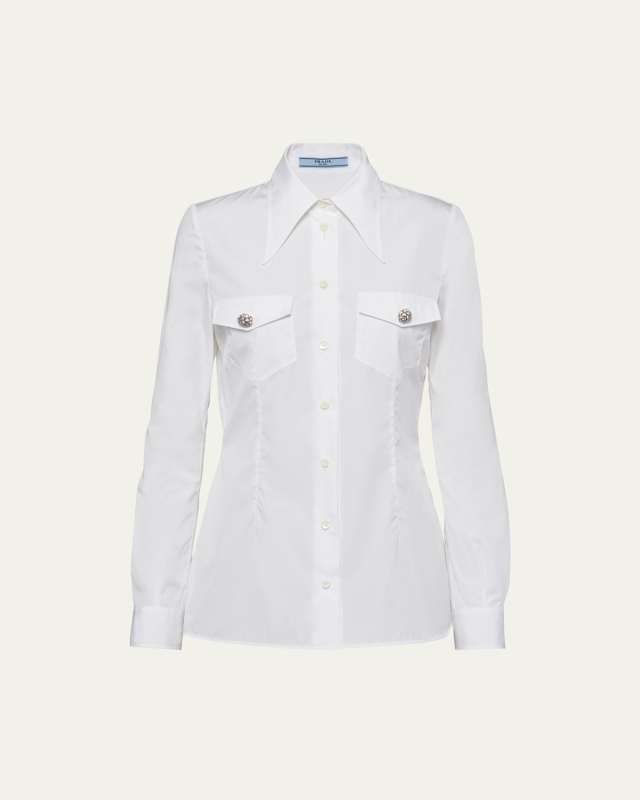 Poplin Long-Sleeve Top with Crystal Buttons