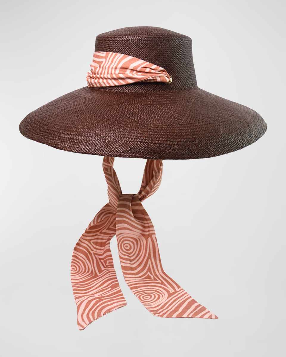 Lampshade Cordovan Straw Large Brim Hat With a Printed Ban