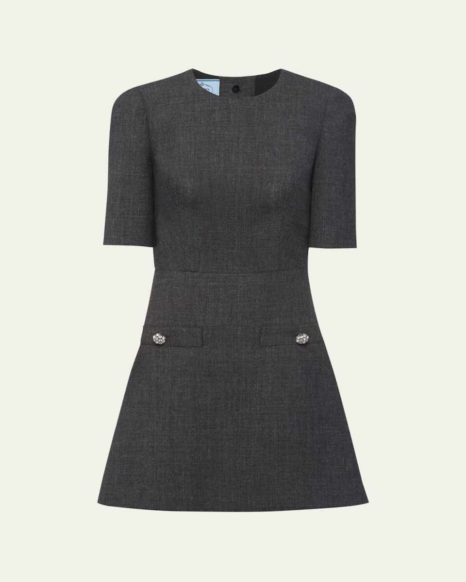 Matt Wool Mini Dress with Crystal Buttons