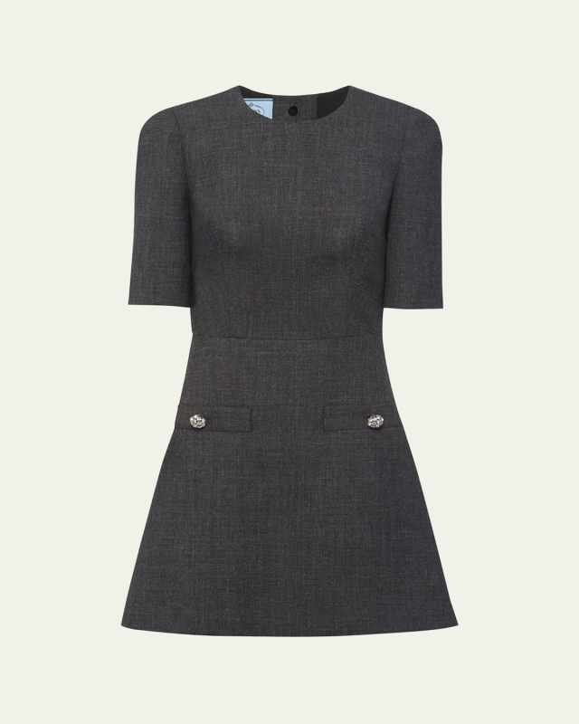 Matt Wool Mini Dress with Crystal Buttons