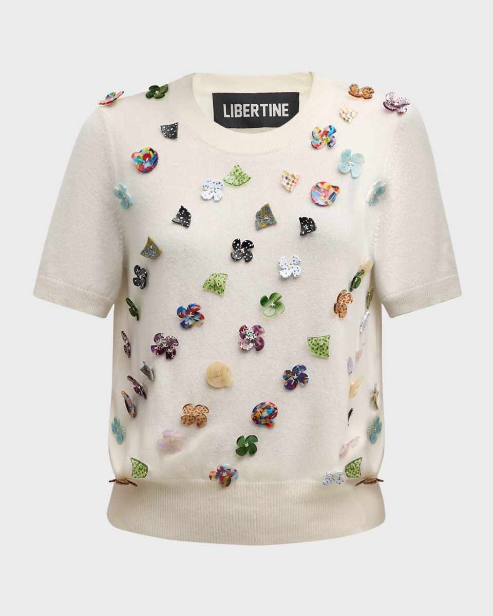 Button Town Embellished Short-Sleeve Cashmere Sweater