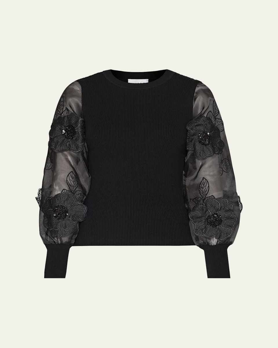 Koda Embroidered Sheer-Sleeve Ribbed Pullover