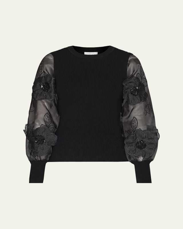 Koda Embroidered Sheer-Sleeve Ribbed Pullover
