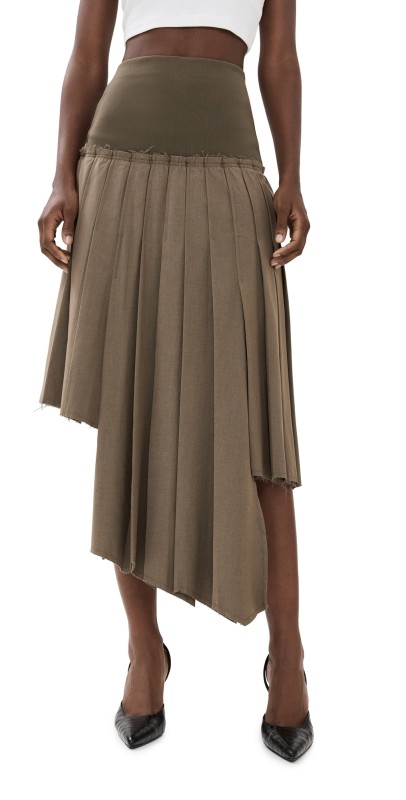 ROKH Ribbed Pleated Skirt Khaki Green