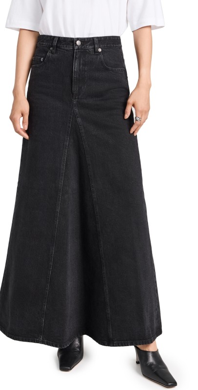 Tibi Black Denim Godet Maxi Skirt Black