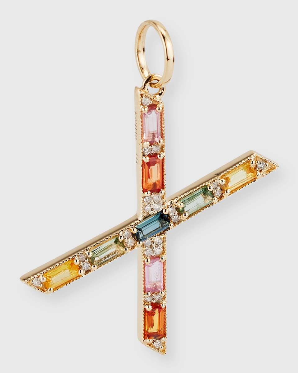 14K Yellow Gold Initial X Multi-Color Sapphire and Diamond Pendant