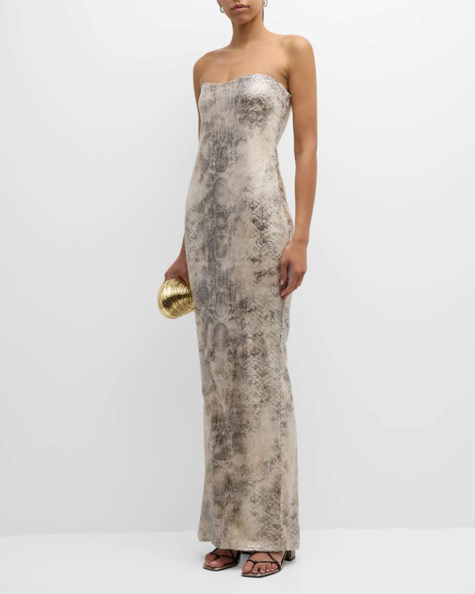 Winslow Sequin Snake-Print Strapless Maxi Dress