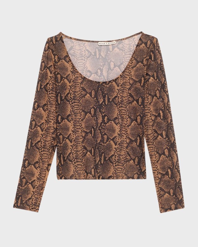Delaina Snake Mesh Long-Sleeve Crop Top