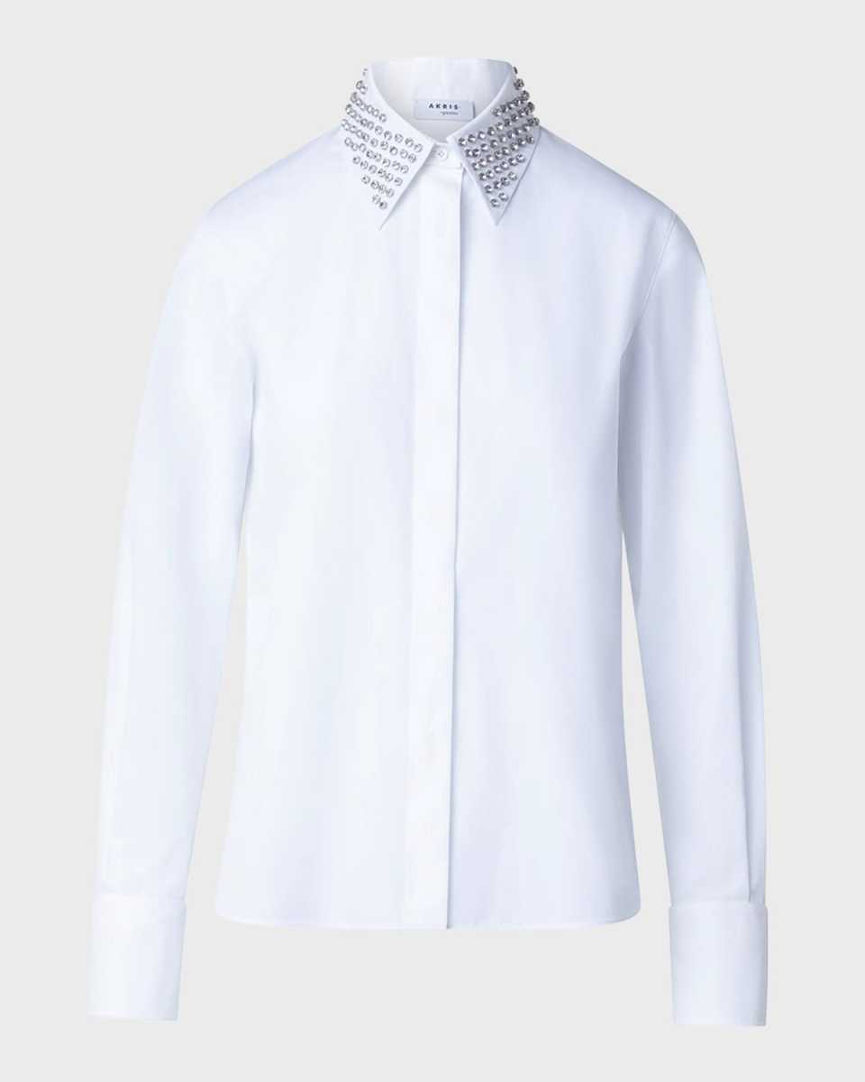 Cotton Poplin Button-Front Blouse with Detachable Crystal and Studs Collar