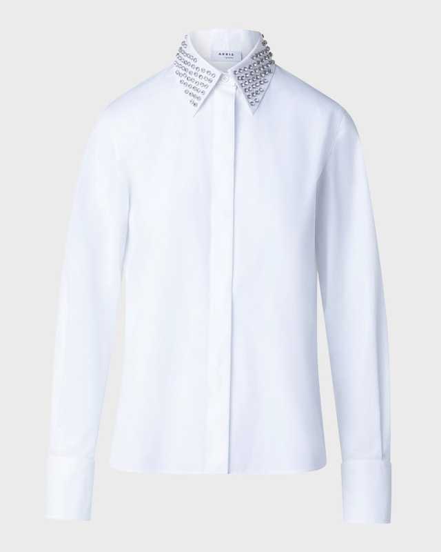 Cotton Poplin Button-Front Blouse with Detachable Crystal and Studs Collar