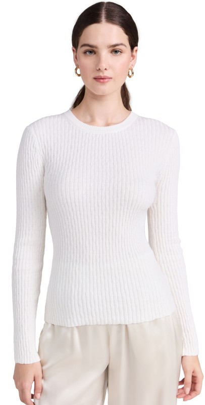 Enza Costa Pointelle Long Sleeve Crew Pullover White
