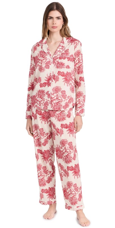Desmond & Dempsey Long PJ Set Cactus Flower Print Pink/Ecru