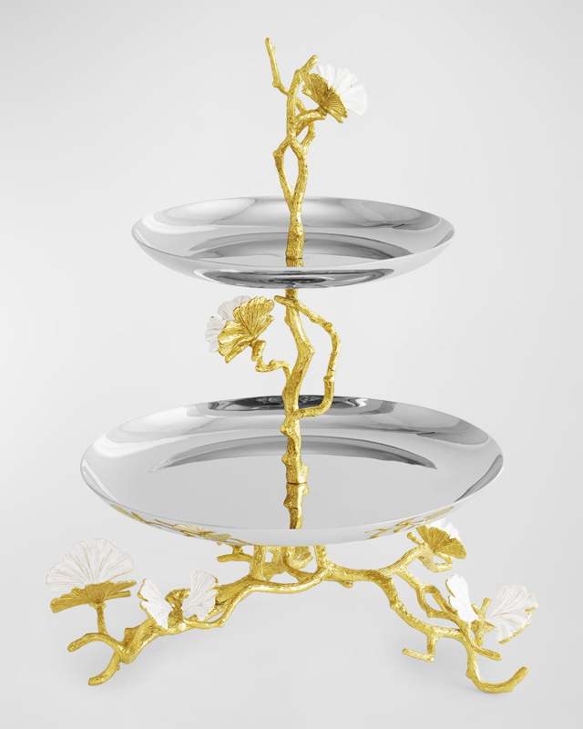 Butterfly Ginkgo White & Gold Two Tier Etagere