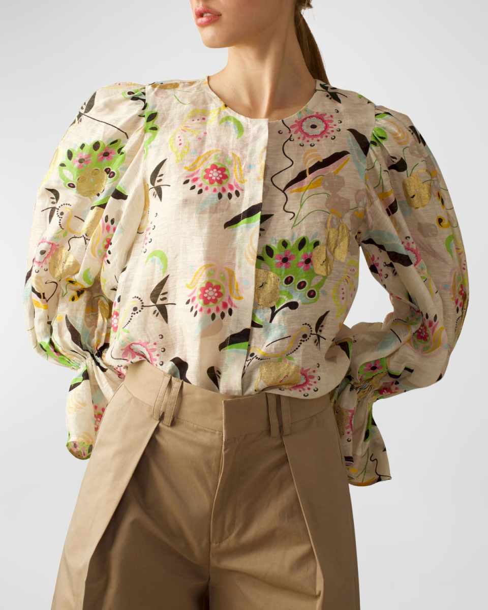 Floral-Print Blouson-Sleeve Blouse