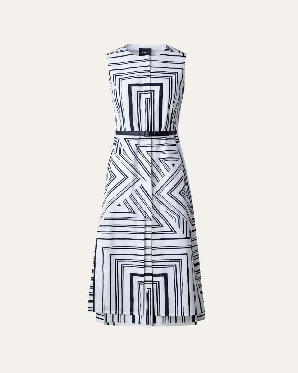 Poplin Lizzi's Lines Printed Midi Dress with Belt