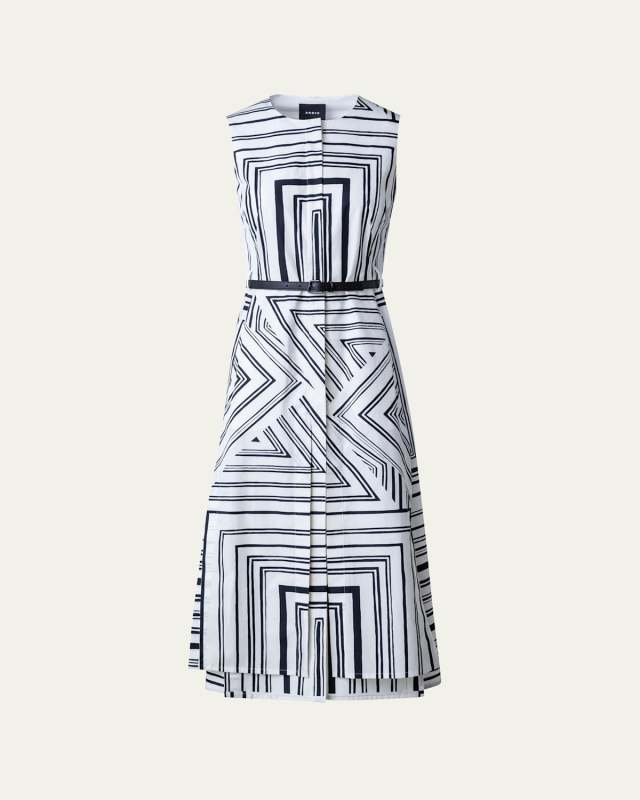 Poplin Lizzi's Lines Printed Midi Dress with Belt