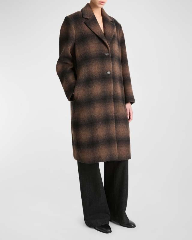 Shadow Plaid Wool-Blend Car Coat
