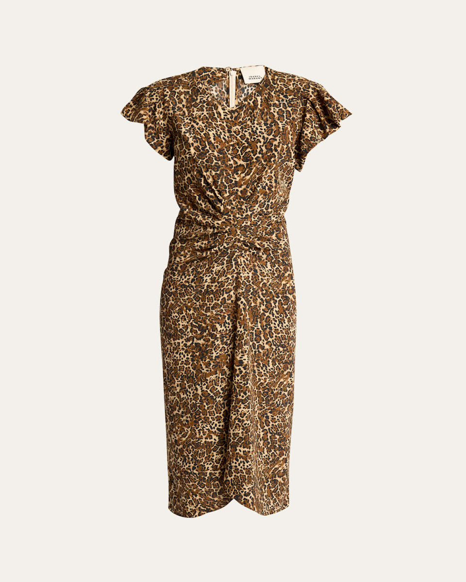 Terena Cheetah Print Ruched Silk Midi Dress