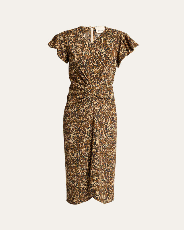 Terena Cheetah Print Ruched Silk Midi Dress
